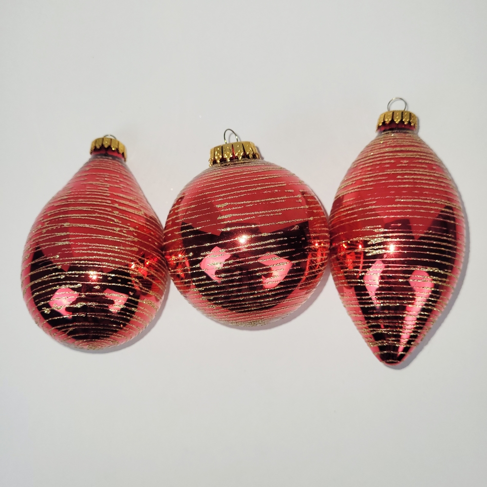 G & D Christmas Ornament~Red~Gold Glitter~Ball~Teardrop~Pear Shape~Set of 3